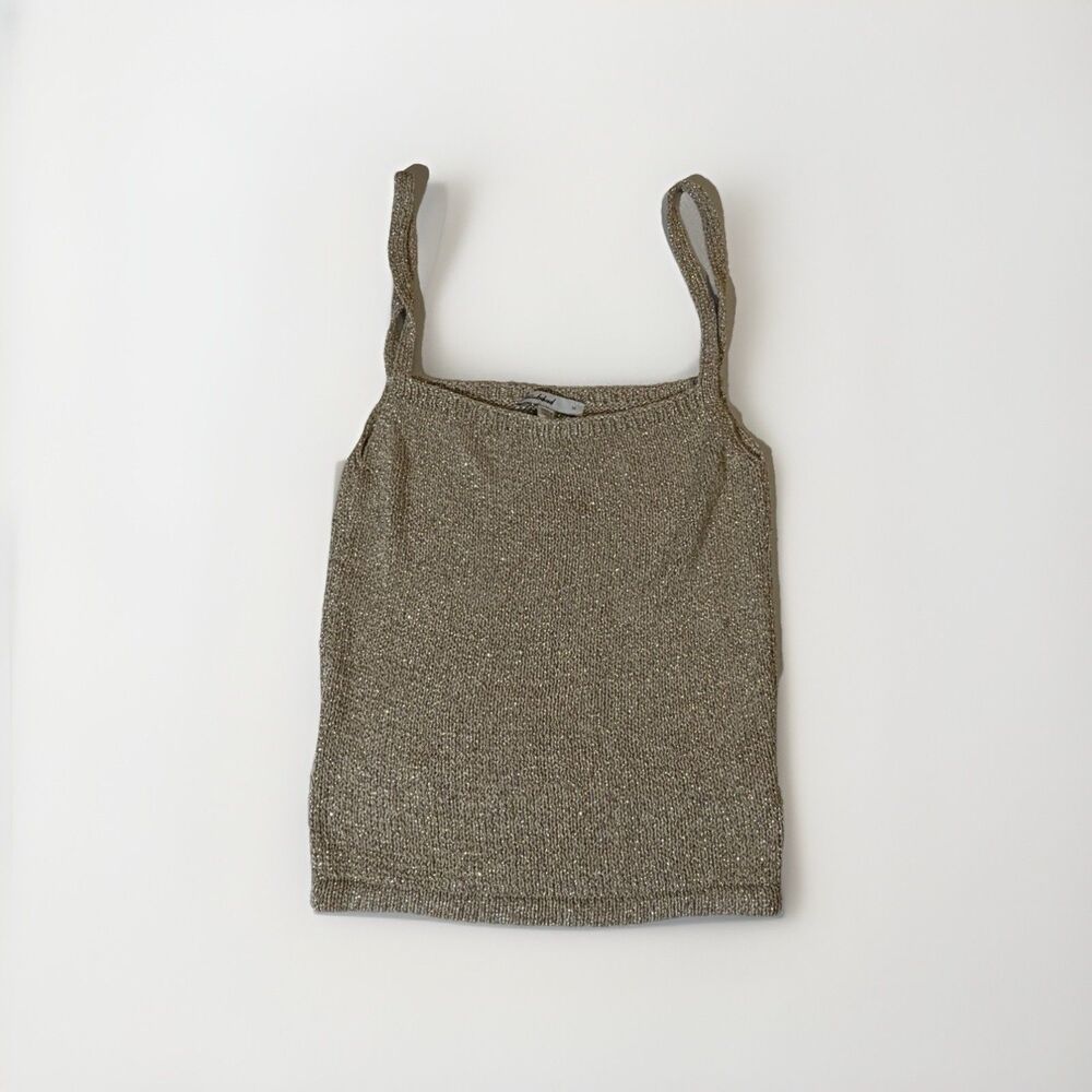 Subdued Gold Knit Tank Top Womens Medium Metallic Italy Style Spaghetti Strap